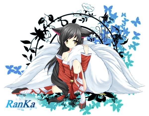 Anime picture 1500x1171 with league of legends ahri (league of legends) touerubu (artist) single long hair black hair bare shoulders animal ears yellow eyes looking away multiple tails girl detached sleeves thigh boots bell