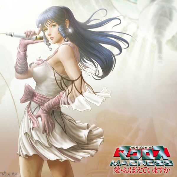 Anime-Bild 1280x1280 mit macross macross: do you remember love? lynn minmay minhospen single long hair looking at viewer fringe blue eyes simple background standing bare shoulders holding signed payot blue hair parted lips realistic grey background copyright name