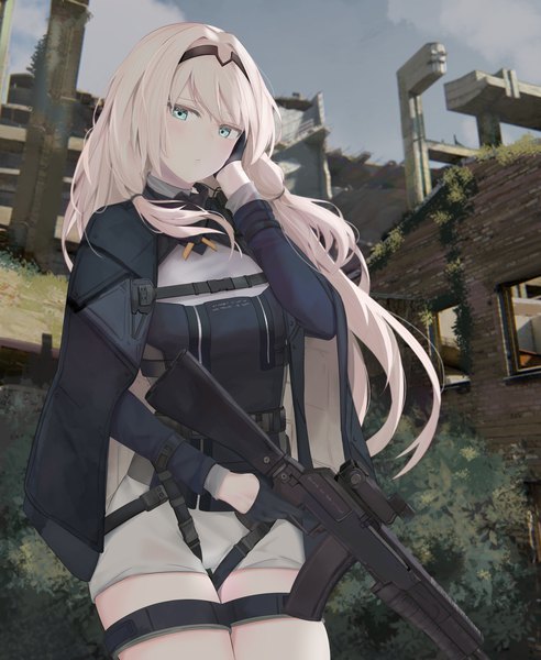 Anime picture 1640x2000 with girls frontline an-94 (girls frontline) ru zhai single long hair tall image looking at viewer blush fringe blonde hair standing holding payot sky cloud (clouds) outdoors long sleeves head tilt arm up aqua eyes