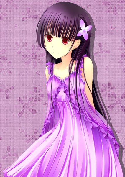 Anime picture 2891x4091 with sankarea studio deen sanka rea single long hair tall image looking at viewer highres black hair red eyes bare shoulders hair flower girl dress hair ornament sundress