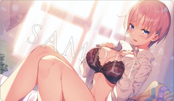 Anime picture 4096x2378 with go-toubun no hanayome nakano ichika kat (bu-kunn) single looking at viewer fringe highres short hair breasts open mouth blue eyes light erotic wide image large breasts pink hair absurdres bent knee (knees) blunt bangs dutch angle open shirt