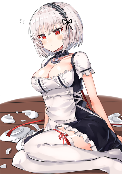 Anime picture 1000x1427 with azur lane sirius (azur lane) xenonstriker single tall image looking at viewer blush fringe short hair breasts light erotic simple background hair between eyes red eyes large breasts white background sitting cleavage white hair maid