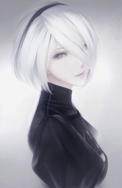 Anime picture 833x1280 with nier nier:automata yorha no. 2 type b erise single tall image looking at viewer fringe short hair simple background upper body white hair lips hair over one eye mole grey eyes gradient background portrait cleavage cutout mole under mouth