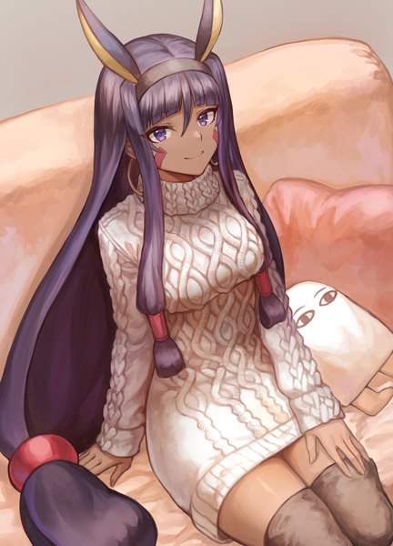 Anime picture 1392x1932 with fate (series) fate/grand order nitocris (fate) medjed mashuu (neko no oyashiro) single long hair tall image looking at viewer fringe simple background smile hair between eyes sitting purple eyes animal ears payot purple hair long sleeves bunny ears