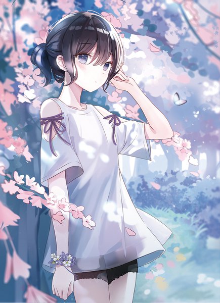 Anime picture 1087x1500 with original iren lovel single tall image looking at viewer blush fringe short hair blue eyes black hair hair between eyes standing bare shoulders payot outdoors ponytail arm up short sleeves cherry blossoms girl