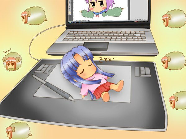 Anime picture 1024x768 with suzumiya haruhi no yuutsu kyoto animation asakura ryouko sleeping girl laptop sheep