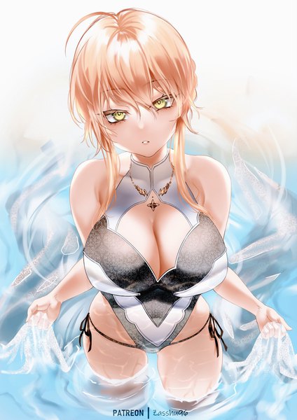 Anime-Bild 1202x1700 mit fate (series) fate/grand order artoria pendragon (all) artoria pendragon (swimsuit ruler) (fate) zasshu single tall image looking at viewer blush fringe short hair breasts light erotic blonde hair hair between eyes large breasts standing bare shoulders holding signed