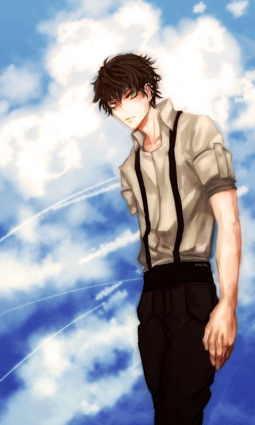 Anime picture 800x1333 with original nimzea single tall image looking at viewer short hair brown hair standing green eyes sky cloud (clouds) twisty sleeves boy shirt suspenders jeans