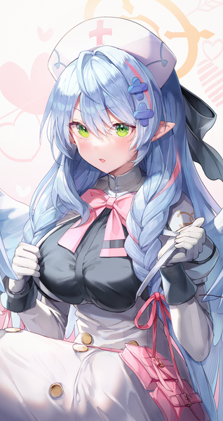 Anime picture 1864x3516 with blue archive mine (blue archive) misyune single long hair tall image fringe highres breasts light erotic hair between eyes large breasts sitting green eyes blue hair looking away braid (braids) multicolored hair pointy ears streaked hair