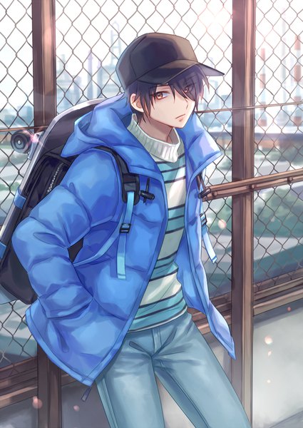 Anime picture 1500x2118 with original zoff (daria) single tall image fringe short hair black hair standing yellow eyes looking away sky outdoors hair over one eye sparkle striped hands in pockets boy hood building (buildings) sweater