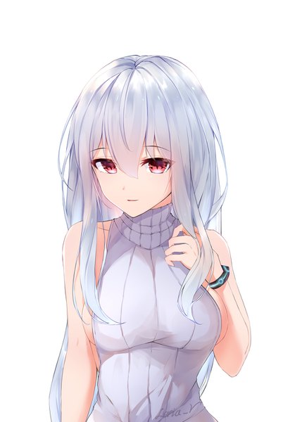 Anime picture 1000x1492 with arknights skadi (arknights) leria v single long hair tall image looking at viewer blush fringe breasts simple background hair between eyes red eyes white background bare shoulders signed payot silver hair upper body girl
