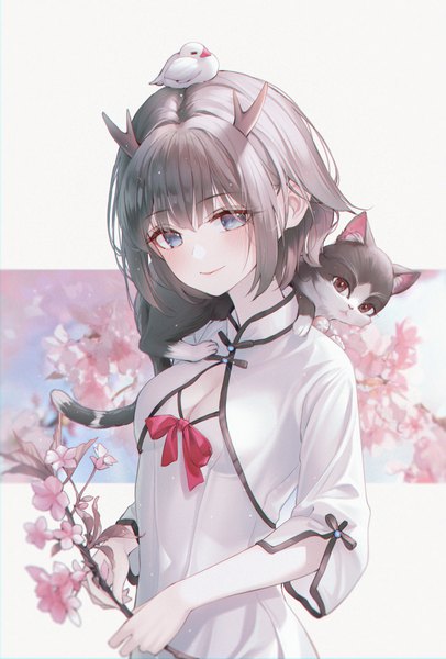 Anime picture 1902x2808 with virtual youtuber indie virtual youtuber nico nico singer kano (singer) amaroku neko single tall image fringe highres short hair blue eyes black hair smile hair between eyes holding cleavage upper body horn (horns) cherry blossoms outside border