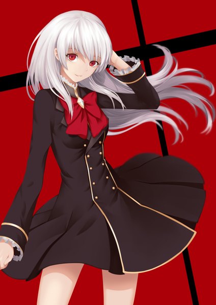 Anime picture 707x1000 with original scal2let single long hair tall image looking at viewer fringe simple background smile red eyes standing white hair long sleeves wind hand on head red background girl dress bow frills