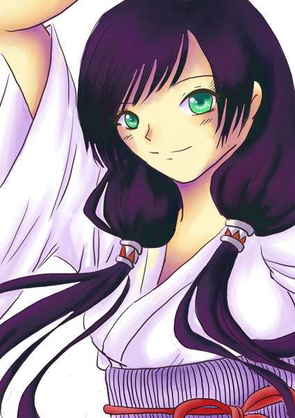 Anime picture 1316x1862 with shinami aya single long hair tall image looking at viewer blush fringe smile twintails green eyes purple hair arm up wide sleeves low twintails girl obi