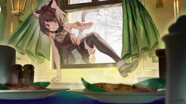 Anime picture 1920x1080 with original saraki single blush highres short hair open mouth smile red eyes brown hair wide image bare shoulders signed animal ears looking away tail nail polish animal tail cat ears arm support