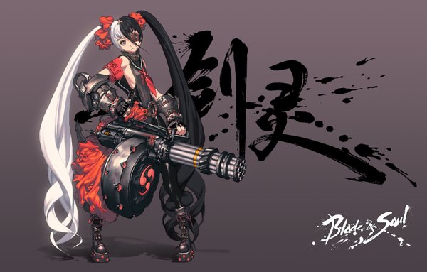Anime picture 3130x2000 with blade & soul po hwa ran (blade & soul) single looking at viewer fringe highres twintails very long hair multicolored hair two-tone hair grey eyes girl hair ornament weapon boots armor gun thigh boots eyepatch huge weapon