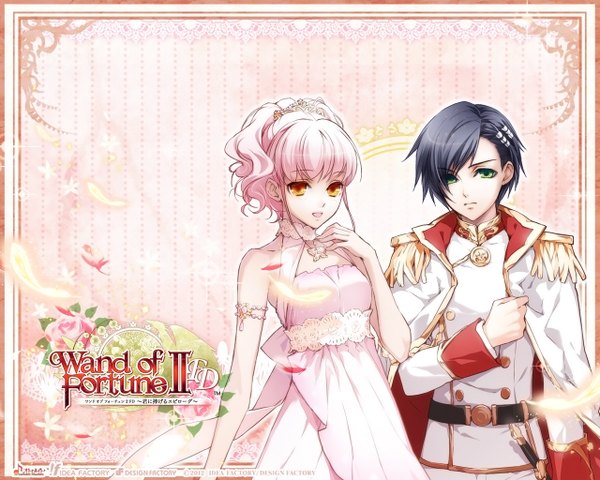 Anime picture 1280x1024 with wand of fortune wand of fortune 2 idea factory lulu (wand of fortune) est rinaudo looking at viewer short hair open mouth black hair green eyes pink hair orange eyes girl dress boy hair ornament flower (flowers) jewelry feather (feathers)