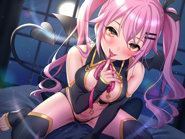 Anime-Bild 1500x1125 mit original tsukada nari long hair looking at viewer blush fringe breasts open mouth light erotic smile hair between eyes large breasts sitting twintails bare shoulders yellow eyes payot pink hair bent knee (knees) indoors