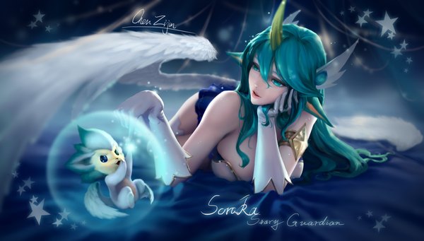 Anime picture 6308x3582 with league of legends soraka (league of legends) star guardian soraka czj single long hair fringe highres breasts open mouth light erotic hair between eyes wide image large breasts signed looking away absurdres lying horn (horns) aqua eyes