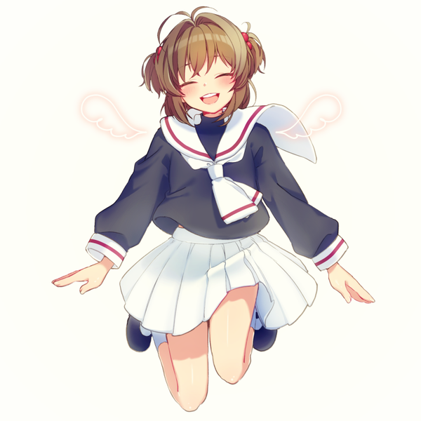 Anime picture 800x800 with card captor sakura clamp kinomoto sakura agirinpa single blush short hair open mouth simple background smile brown hair white background full body ahoge bent knee (knees) eyes closed :d two side up happy spread arms