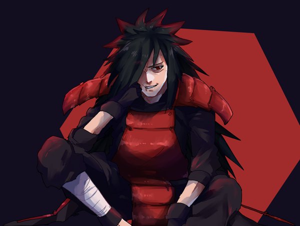 Anime picture 1130x855 with naruto studio pierrot naruto (series) uchiha madara tagme (artist) single long hair fringe black hair simple background smile red eyes sitting hair over one eye spiked hair sharingan boy gloves armor