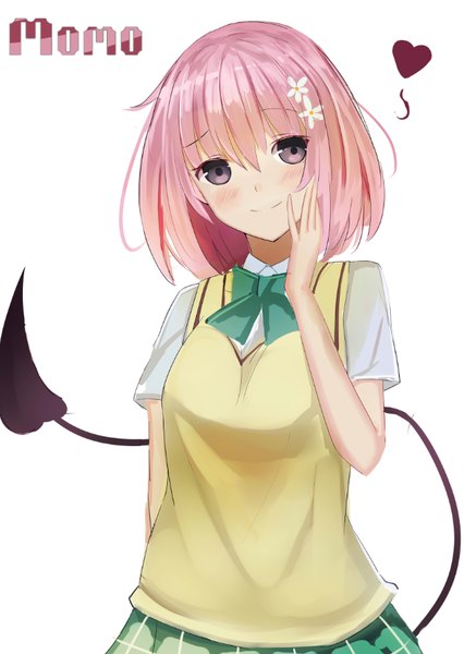 Anime picture 634x893 with toloveru xebec momo velia deviluke h.l. single tall image looking at viewer blush fringe short hair simple background smile white background pink hair ahoge tail pleated skirt pink eyes hair flower character names