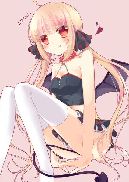 Anime picture 1500x2121 with original hoshi (snacherubi) single long hair tall image looking at viewer blush fringe light erotic simple background blonde hair smile red eyes twintails bare shoulders ahoge tail bare belly text pink background
