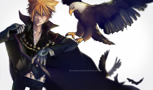 Anime picture 1200x707 with katekyou hitman reborn vongola primo giotto felicemelancholie single short hair wide image white background orange hair realistic orange eyes striped boy gloves animal choker bird (birds) feather (feathers) cloak suit eagle