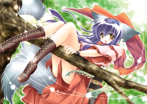 Anime picture 2500x1778 with tail tale koma (tail tale) louis&visee single long hair fringe highres open mouth light erotic hair between eyes animal ears yellow eyes purple hair tail traditional clothes japanese clothes cat girl girl plant (plants) tree (trees)
