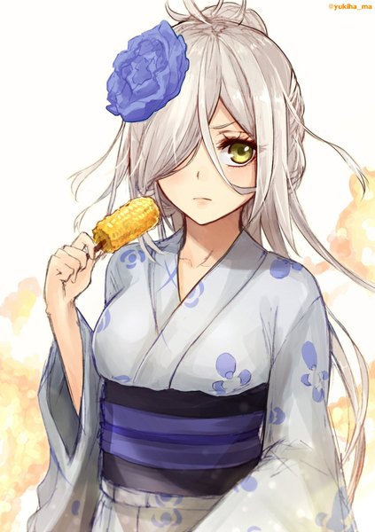 Anime picture 757x1074 with kantai collection asashimo (kantai collection) yukihama single long hair tall image looking at viewer fringe holding green eyes signed looking away silver hair ahoge ponytail traditional clothes japanese clothes arm up hair flower blurry