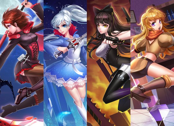 Anime picture 2240x1632 with rwby rooster teeth ruby rose weiss schnee blake belladonna yang xiao long shou ai mianbao ren long hair looking at viewer fringe highres short hair breasts open mouth blue eyes blonde hair brown hair standing purple eyes bare shoulders