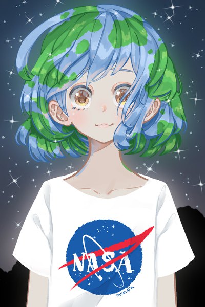 Anime picture 800x1200 with original nasa earth-chan nyanafk single tall image looking at viewer short hair brown eyes signed blue hair upper body multicolored hair green hair two-tone hair sparkle :3 girl star (stars) t-shirt