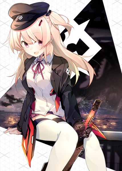 Anime picture 1000x1402 with original benio (dontsugel) single long hair tall image looking at viewer fringe open mouth sitting pink eyes arm support side ponytail fireworks girl thighhighs weapon black thighhighs sword hairclip peaked cap