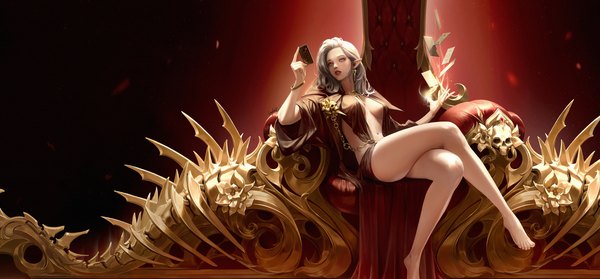 Anime picture 3840x1787 with original lizchief single long hair looking at viewer fringe highres breasts light erotic simple background wide image large breasts sitting holding signed full body bent knee (knees) parted lips barefoot pointy ears