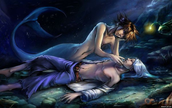 Anime picture 1280x800 with kingdom hearts square enix sora (kingdom hearts) riku (kingdom hearts) calisto-lynn long hair short hair light erotic brown hair wide image silver hair lying open clothes open shirt torn clothes topless underwater shounen ai boy navel