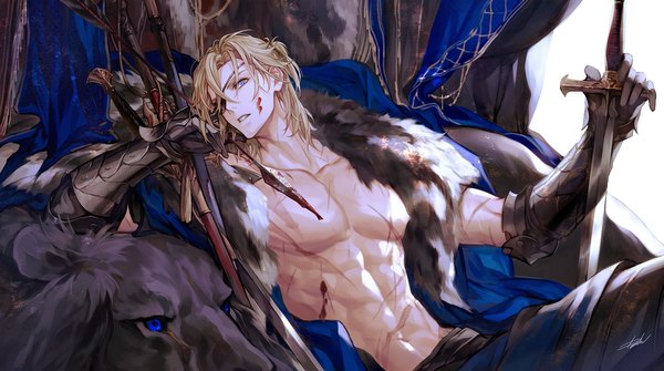 Anime picture 1920x1072 with fire emblem fire emblem: three houses nintendo dimitri alexandre blaiddyd danhu single looking at viewer fringe highres short hair blue eyes light erotic blonde hair hair between eyes wide image holding signed parted lips fur trim scar