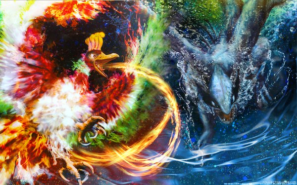 Anime picture 1920x1200 with pokemon nintendo lugia ho-oh highres open mouth blue eyes red eyes wide image flying underwater gen 2 pokemon animal wings water bird (birds) fire pokemon (creature)