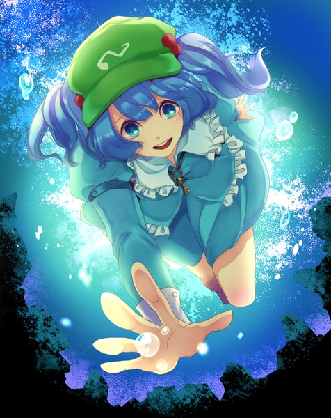 Anime picture 1500x1892 with touhou kawashiro nitori sugiryu single tall image highres short hair open mouth blue eyes blue hair outstretched arm girl dress bubble (bubbles) flat cap