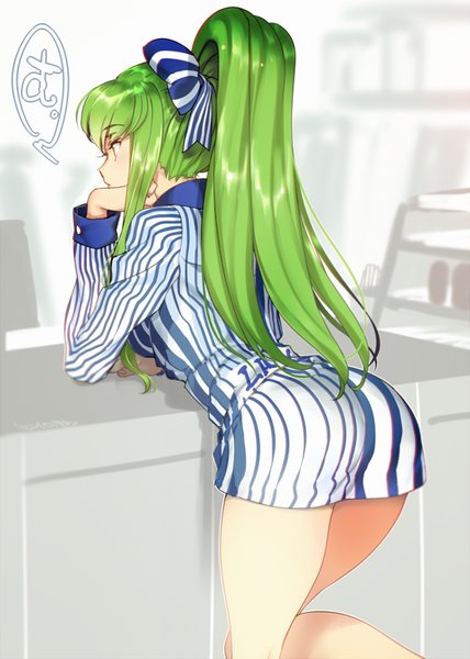 Anime picture 600x840 with code geass sunrise (studio) lawson c.c. creayus single long hair tall image fringe light erotic yellow eyes looking away bent knee (knees) ass ponytail indoors long sleeves green hair from behind blurry