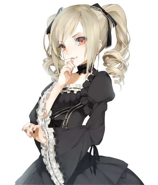 Anime picture 720x840 with idolmaster idolmaster cinderella girls kanzaki ranko bunkyo takemi single long hair tall image looking at viewer blush fringe simple background blonde hair smile red eyes standing white background twintails payot upper body long sleeves