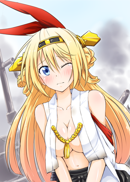Anime picture 755x1056 with nisekoi shaft (studio) kirisaki chitoge diesel-turbo single long hair tall image looking at viewer blush breasts blue eyes light erotic blonde hair bare shoulders one eye closed wink cosplay haruna (kantai collection) (cosplay) girl hair ornament