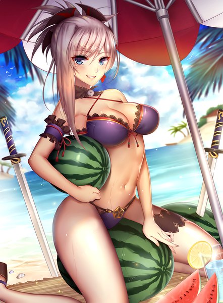 Anime picture 1000x1357 with fate (series) fate/grand order miyamoto musashi (fate) mallizmora single long hair tall image looking at viewer blush breasts blue eyes light erotic smile large breasts silver hair parted lips beach bad anatomy girl navel