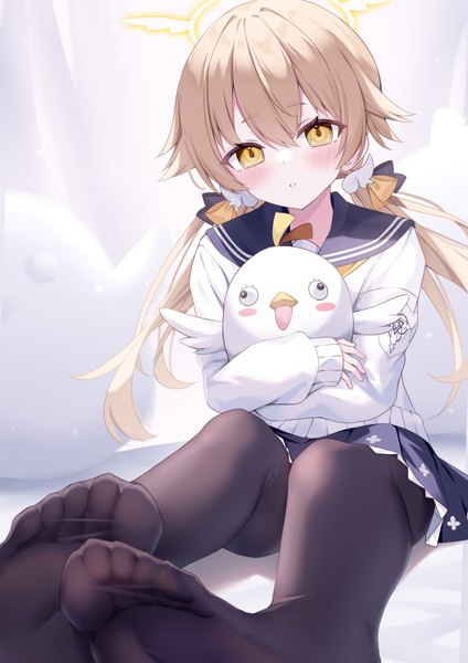 Anime picture 2894x4093 with blue archive hifumi (blue archive) peroro (blue archive) gou 213 single long hair tall image looking at viewer blush fringe highres blonde hair hair between eyes sitting twintails yellow eyes no shoes low twintails girl uniform
