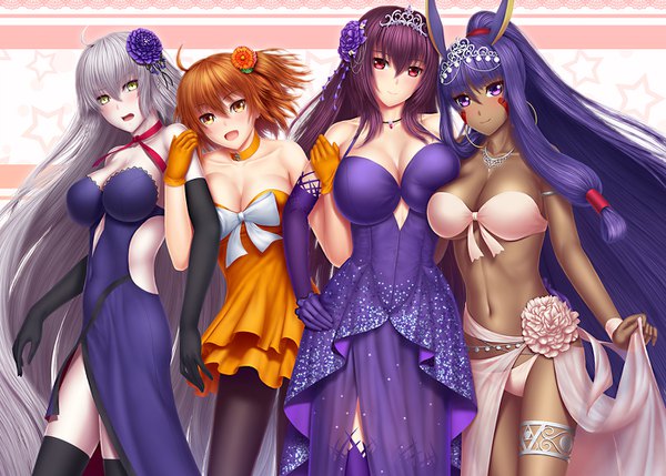 Anime picture 1400x1002 with fate (series) fate/grand order jeanne d'arc (fate) (all) jeanne d'arc alter (fate) scathach (fate) fujimaru ritsuka (female) nitocris (fate) scathach (formal dress) (fate) masatoki looking at viewer blush fringe short hair breasts open mouth light erotic smile hair between eyes red eyes brown hair