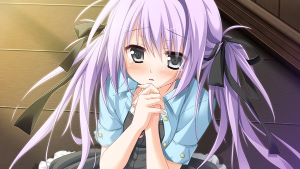 Anime picture 2560x1440 with 1/2 summer kuonji sora sesena yau long hair blush highres wide image twintails game cg purple hair black eyes tears girl ribbon (ribbons) hair ribbon