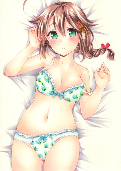 Anime picture 848x1200 with kantai collection shigure destroyer yoruoujito-tsukinohime single long hair tall image looking at viewer blush fringe breasts light erotic hair between eyes brown hair bare shoulders green eyes payot lying braid (braids) arms up on back