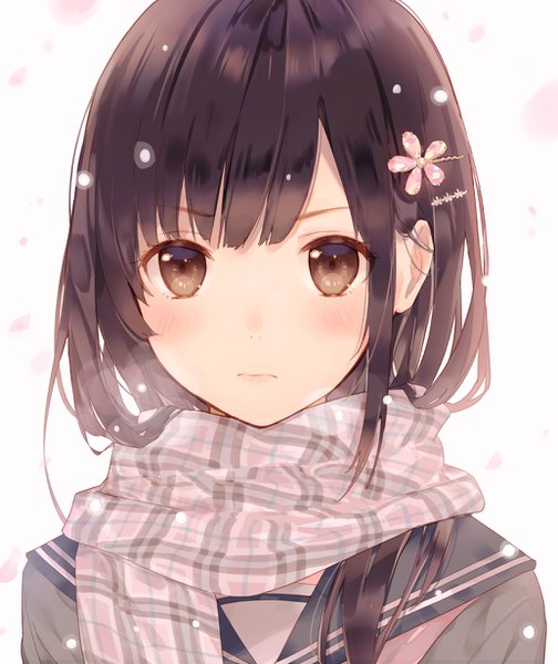 Anime picture 1033x1230 with original horiizumi inko single long hair tall image looking at viewer blush fringe simple background brown hair white background brown eyes upper body portrait snowing exhalation girl uniform serafuku scarf