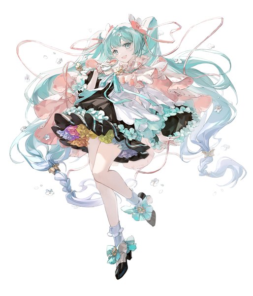 Anime picture 2480x2896 with vocaloid magical mirai (vocaloid) hatsune miku magical mirai miku magical mirai miku (2021) mechari single tall image looking at viewer highres open mouth simple background white background twintails full body very long hair :d aqua eyes aqua hair high heels