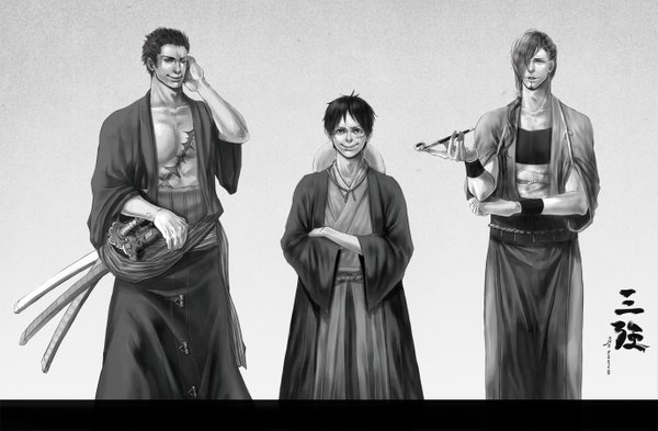 Anime picture 1376x903 with one piece toei animation monkey d. luffy roronoa zoro sanji quanro fringe short hair black hair simple background smile traditional clothes hair over one eye realistic hieroglyph monochrome scar group crossed arms smoking