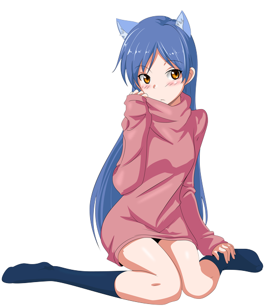 Anime picture 6393x7366 with drelyt-tylerd single long hair tall image blush highres light erotic brown eyes animal ears blue hair absurdres cat ears transparent background vector girl socks sweater